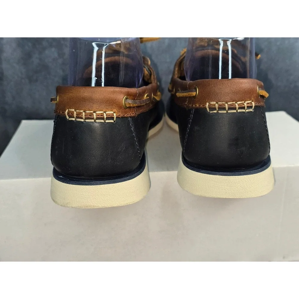 NWT Clarks Port View Boat Shoes Navy Brown Leather Nautical Mens 7.5 M